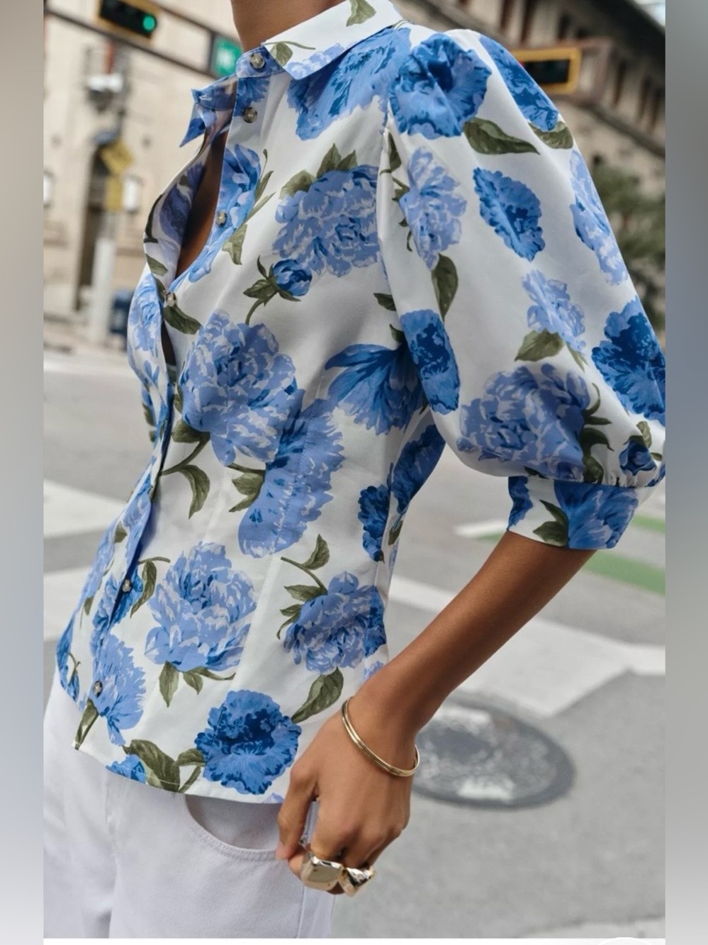 Zara NWT Blue Floral Puff Sleeve Button Front Blouse